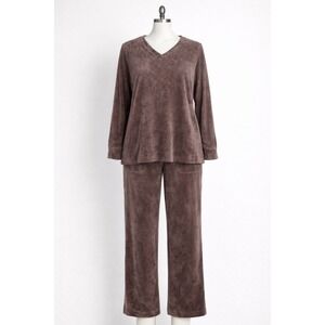 Denim and Co Active Velour Lounge Set Brown Regular Top Pants [M]